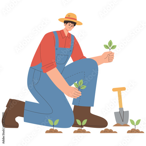 Farming Illustration. Vector illustration of Farmer kneels to plant young sprouts in soil with a small shovel, symbolizing growth and eco farming. Isolated on background