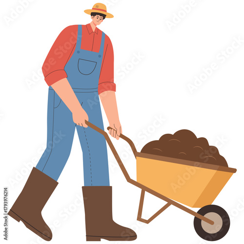 Farming Illustration. Vector illustration of Farmer pushes a wheelbarrow full of soil for garden work, showing effort and preparation for planting. Isolated on background