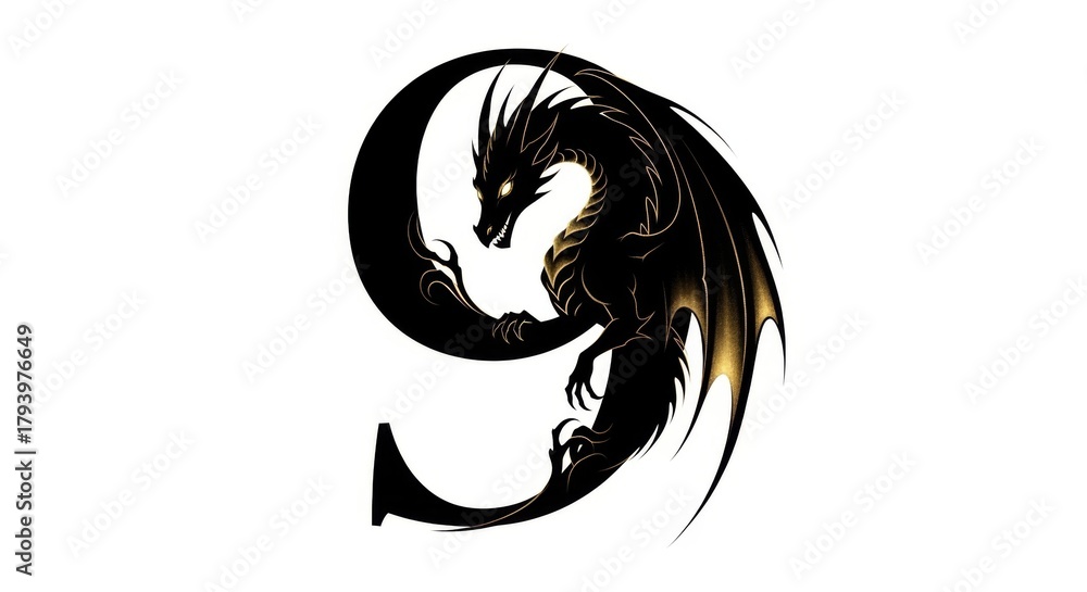 Obraz premium Stylized black dragon forming number nine