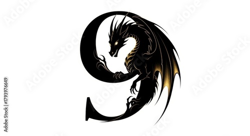 Stylized black dragon forming number nine
