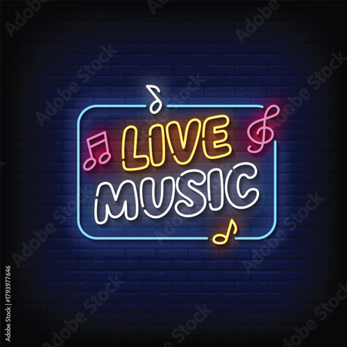live music neon signboard with brick wall background vector