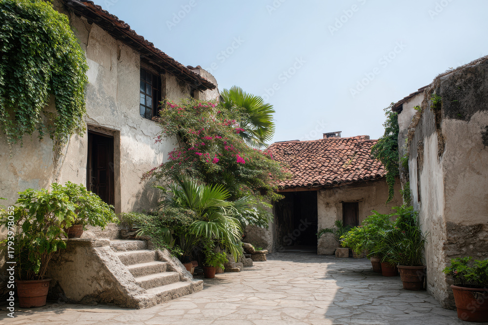 Fototapeta premium summer courtyard with seamless ar reconstruction of house from years ago featuring lush greenery and
