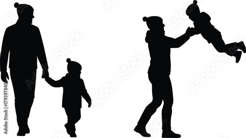 Parent and child winter silhouette, family walking and playing together, black vector illustration of love, care, and joyful parenting moments
