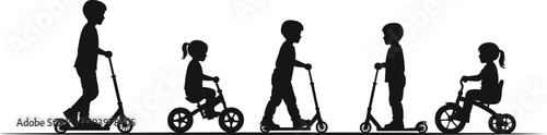 Children riding scooters and tricycles silhouette, kids outdoor play activity vector illustration, black isolated design, healthy lifestyle concept
