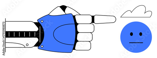 Robotic hand extending finger towards a cloud and an expressionless face. Ideal for AI, technology, robotics, decision-making, automation, digital interaction, futuristic ideas, simple flat metaphor