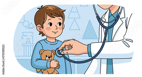 A caring doctor uses a stethoscope to examine a smiling young boy holding his beloved teddy bear during a routine pediatric check-up, ensuring his health.