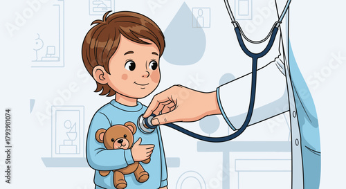 A caring pediatrician performs a routine check-up on a smiling young boy, listening to his heart with a stethoscope during a friendly medical examination.