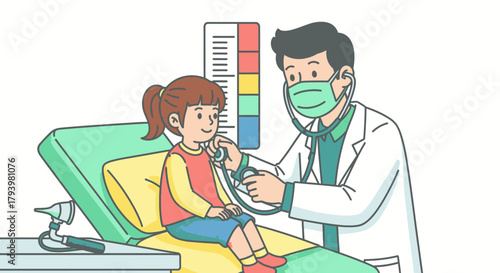 A compassionate male pediatrician wearing a medical mask listens to a cheerful young girl's heartbeat with a stethoscope during a routine health check-up in a clinic.