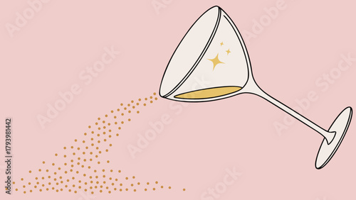 Elegant champagne cocktail glass with golden glitter pouring on pink background celebration design element