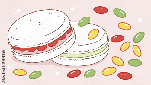 Delicious macarons french dessert food sweets bakery confectionery pastry shop colorful macarons illustration