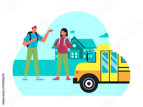 Two students waiting for a school bus in front of their school. Back to school vector illustration. Flat illustration concept.