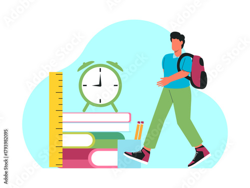 A male student carries a backpack as he walks to a pile of books. Back to school vector illustration. Flat illustration concept.