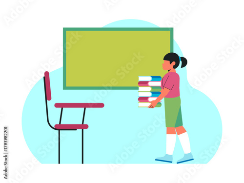 Girl student is carrying a pile of books to take to her class. Back to school vector illustration. Flat illustration concept.