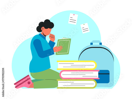 Girl student is putting some books that she has used for studying into her bag. Back to school vector illustration. Flat illustration concept.