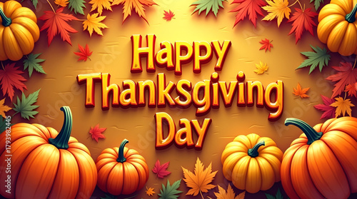 Elegant calligraphy Thanksgiving text surrounded by watercolor-style pumpkins, golden leaves, and acorns on a soft cream background