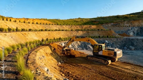 Medium shot of heavy machinery shaping land contours for landscaping to rehabilitate an area affected by previous mining activities under clear skies.
