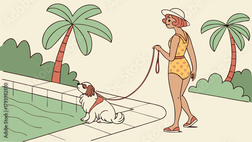 Woman walking dog by pool at tropical resort vacation illustration summer getaway travel destination scene