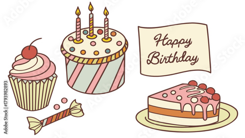 Happy birthday cake cupcake and candy vector illustration for party celebration sweet treats and desserts