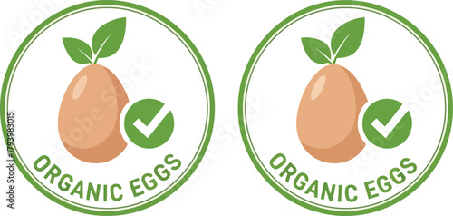 Two organic eggs icons with checkmarks and leaves in circles quality food labels vector