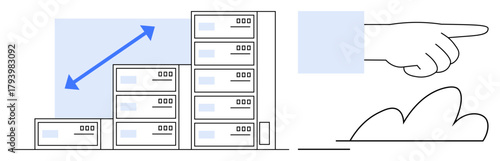 Server stacks arranged in ascending order with blue upward arrow. Pointing hand and cloud suggest direction, growth, cloud-based solutions. Ideal for technology, progress, hosting, data, scalability