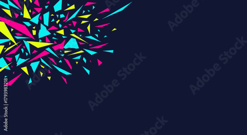 A vibrant explosion of neon geometric shards in pink, yellow, and blue bursts dynamically across a dark background, creating a modern abstract design.