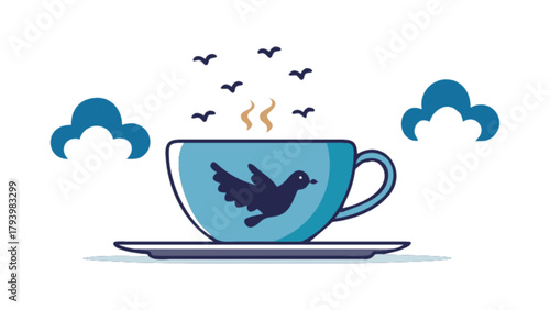 Bird themed coffee cup vector art illustration with clouds and birds flying around design template image 100