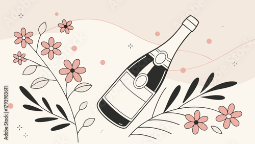 Elegant champagne bottle illustration with floral accents for celebration and special occasions design asset