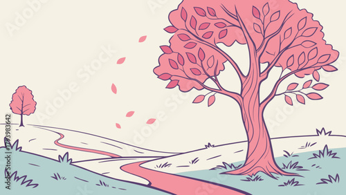Pink blossom tree landscape illustration with falling leaves vector art drawing for spring season design