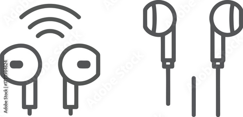 Wireless earbuds and wired earphones set outline icons modern tech audio devices vector