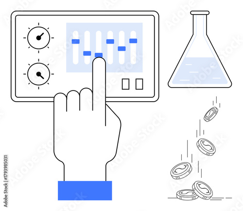 Hand adjusting settings on a control panel, beaker with liquid, and falling coins. Ideal for innovation, finance, technology, research, optimization investment strategy. Simple flat metaphor