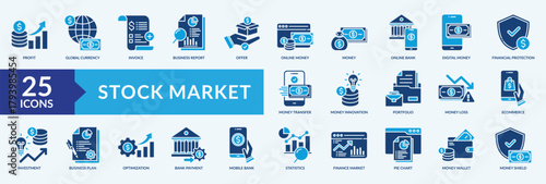 Stock market icon set. Containing money, statistics, profit, investment, online bank
