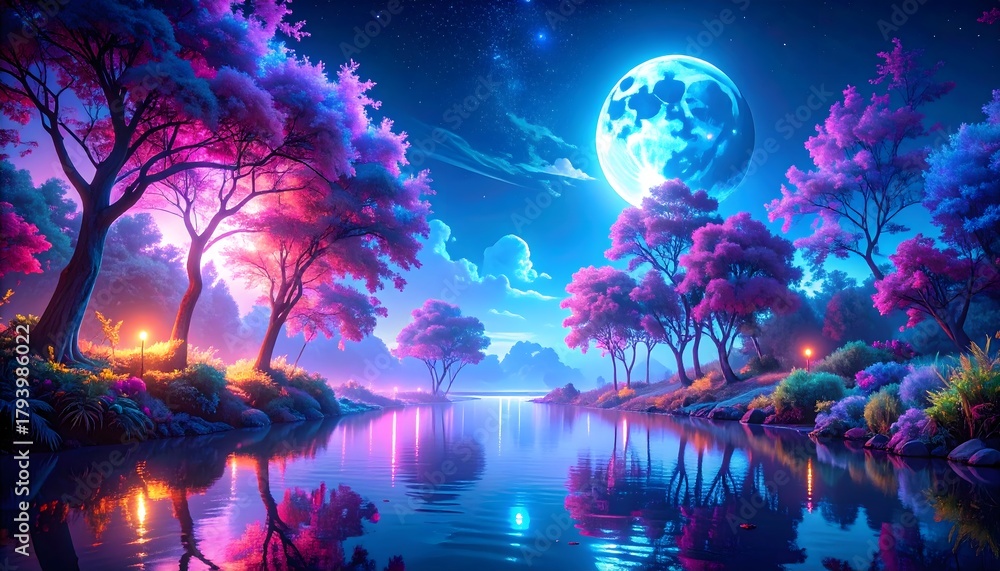 Fototapeta premium Enchanting mystical forest landscape with vibrant pink and purple trees reflecting in a calm lake under a large full moon and starry night sky