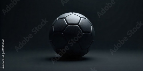 Futuristic Soccer Ball Design with Neon Accents A highly detailed, close up, high angle studio shot of a futuristic soccer ball. The ball has a matte black finish with sharp, angular panels.