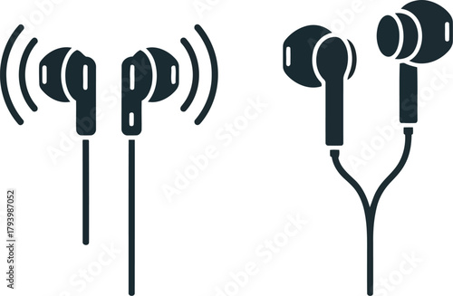 Modern earbud icons with sound waves wireless and wired audio devices for music and communication vector