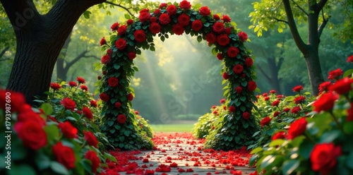 Enchanted Garden Wedding Altar with Blooming Flowers and Lush Greenery An enchanted garden wedding altar, overflowing with vibrant roses, peonies, and trailing ivy. Soft golden sunlight filters