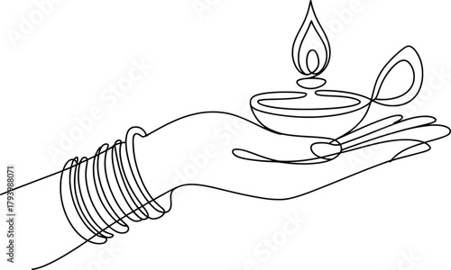 Hand Holding Diya Line Art Illustration.