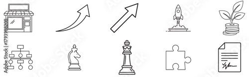 Collection of business strategy and growth icons representing various aspects of planning, innovation, and leadership