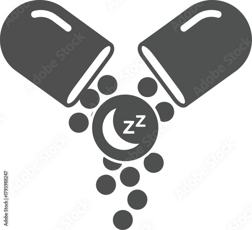 Open capsule releasing sleep aid pills with moon and zzz symbol representing insomnia relief and rest vector