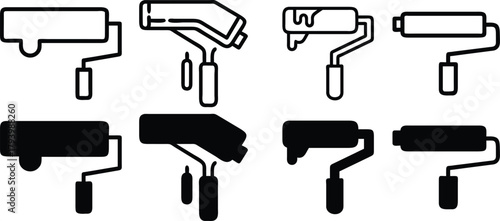 Vector set of paint brushes and paint splashes, isolated security CCTV camera and black hair dryer appliance