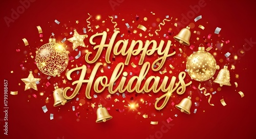 Festive christmas celebration design with golden ornaments and bells on red background for holiday greeting cards