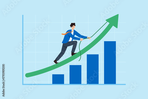Flat illustration of businessman climbing and pulling upward arrow on financial graph chart symbolizing growth success business progress career achievement and determination to reach goals