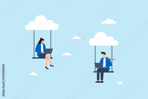 Flat illustration of business people working remotely on laptops while sitting on cloud swings symbolizing cloud computing remote work flexibility digital innovation and online collaboration