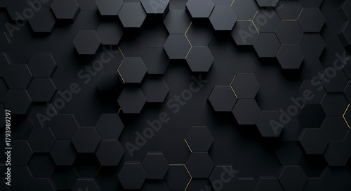 Dark background of many black hexagons with thin golden lines between the shapes silhouette