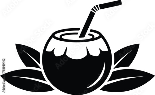 Tropical coconut drink with straw and leaves simple icon vector summer refreshment beverage healthy lifestyle vector