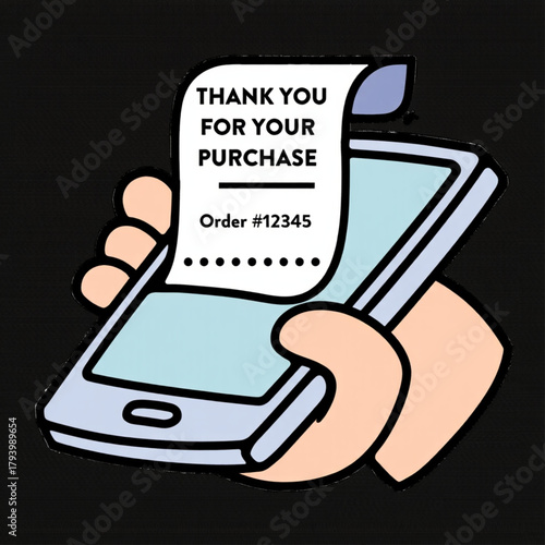 Hands holding smartphone displaying thank you purchase receipt