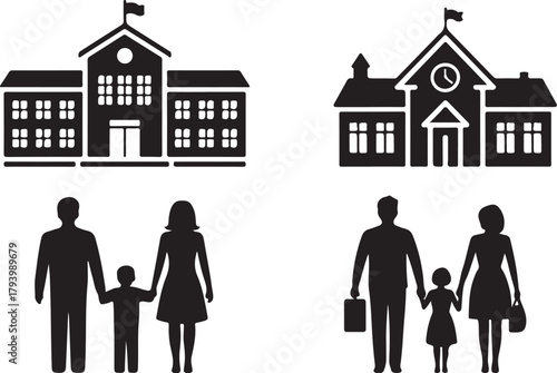 Black silhouette icons of school buildings and families holding hands school building silhouette