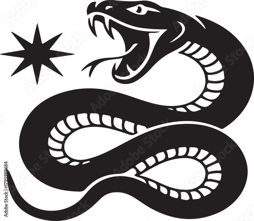 Black coiled snake with open mouth and fangs next to a starburst graphic serpent reptile