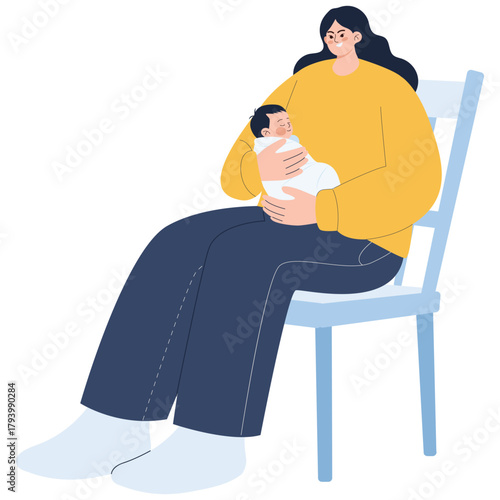 Newborn Baby Illustration. Vector illustration of A mother sits on a chair gently cuddling her swaddled newborn, showing warmth, safety, and early bonding at home. Isolated on background