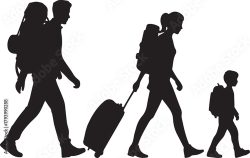 Black silhouette of a family with backpacks and a suitcase walking travel luggage