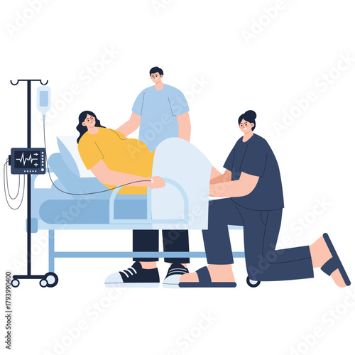 Newborn Baby Illustration. Vector illustration of Woman in active labor on hospital bed with partner and midwife assisting. Isolated on background